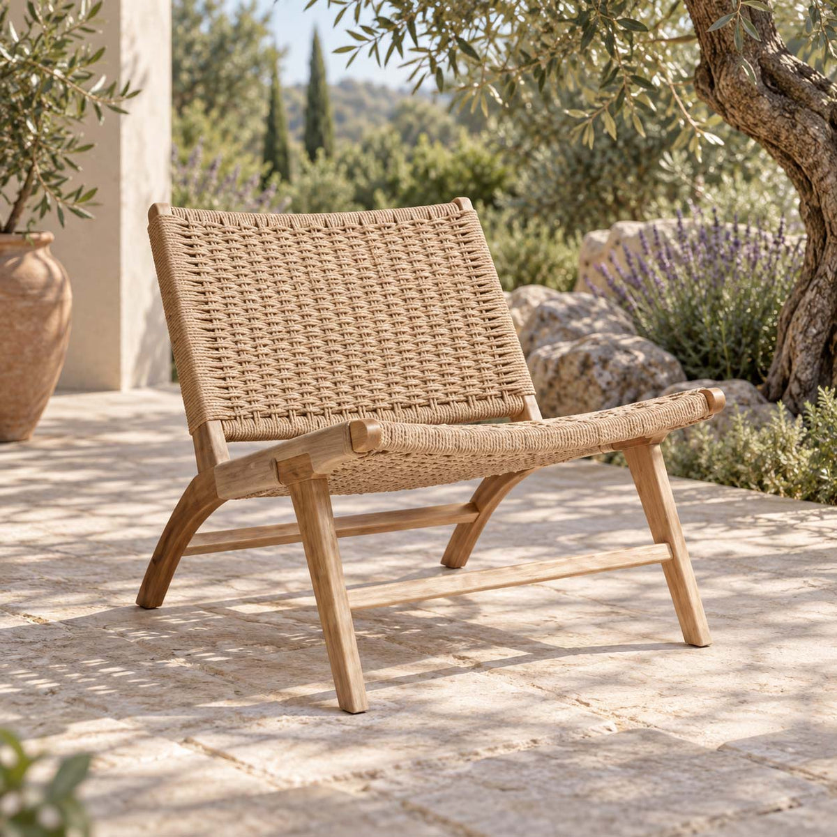 Gallery Everyday Laredo Chair in Natural, featuring a warm rubberwood frame with woven rattan detailing and an open, relaxed design.