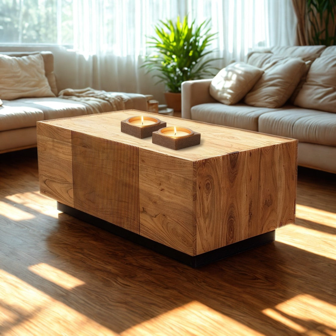 Modern wood Lazlo coffee in a warm natural brown hue, styled with candles in a sunlit, minimalist living room with a neutral sofa.
