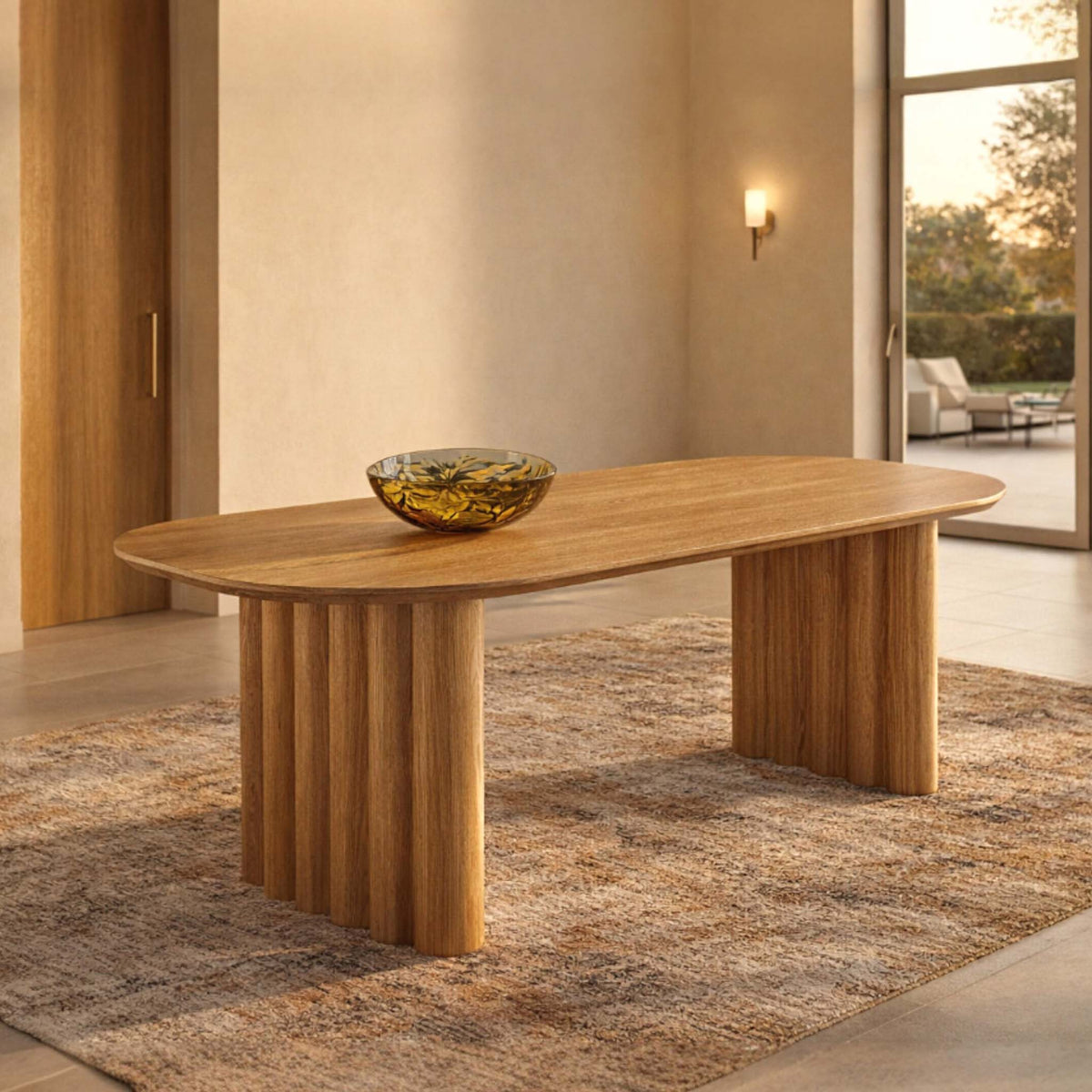 Natural oak oval dining table with fluted pedestal legs and a glass bowl, in a sunlit room on a woven rug