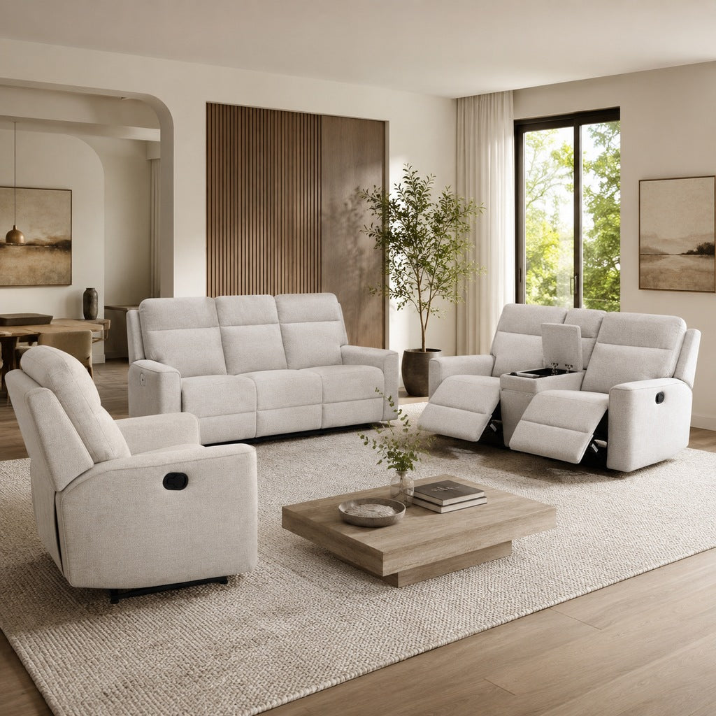 Leather Gallery Melina 3+2+1 Fabric Recliner Suite in Biscotti, featuring matching 3 seater, 2 seater, and 1 seater recliners in a modern living room.