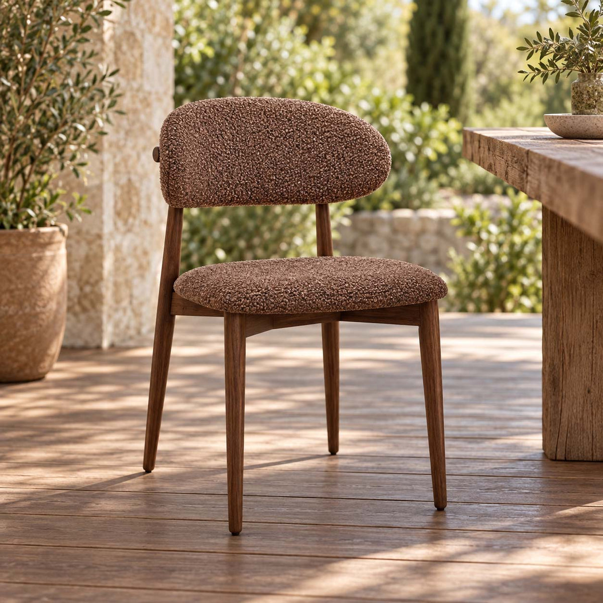 Gallery Everyday Aurora Chair in Nutmeg Brown, featuring warm brown fabric upholstery, a rounded padded backrest and a walnut-toned rubberwood frame.