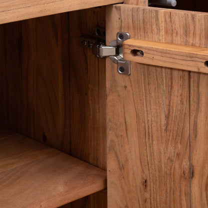 Close-up of the Leather Gallery Baltic Sideboard in Acacia wood, showing the silver metal hinge, warm wood grain, and internal shelf construction.