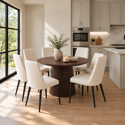 Gallery Everyday Campbell 1.2m 6 Seater Extension Dining Table in Walnut, with fluted pedestal bases and six upholstered chairs.