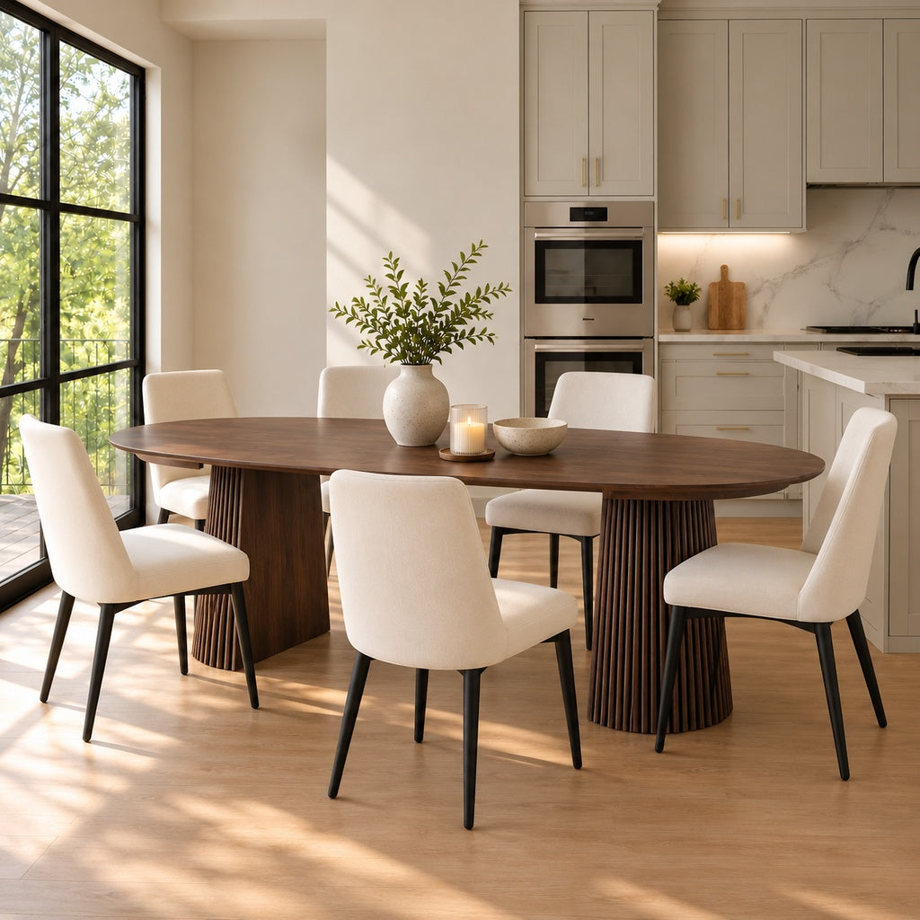 Gallery Everyday Campbell 1.2m 6 Seater Extension Dining Table in Walnut, with fluted pedestal bases and six upholstered chairs.