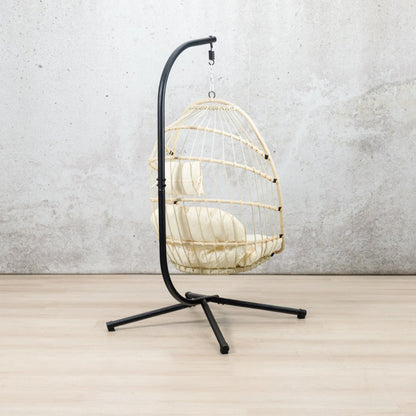 Side view of  the beige Madison Hanging Chair | Patio chairs, hanging chairs for sale, hanging chair, outdoor seating 