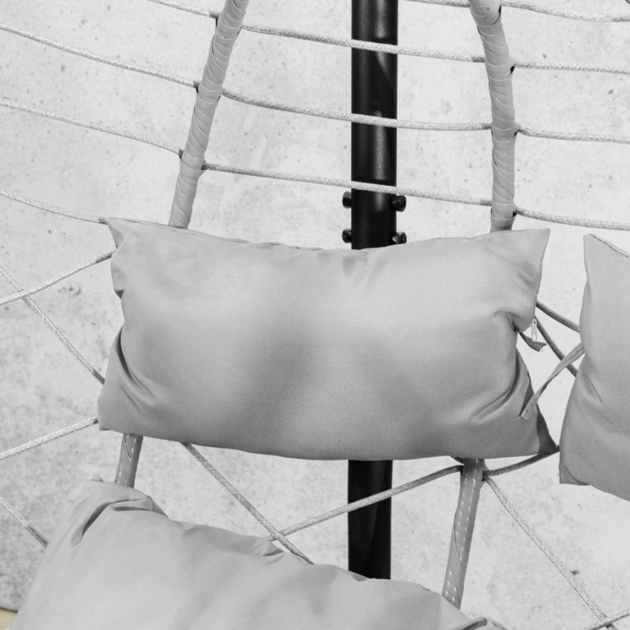 Spacious two-seater Emerson Hanging Egg Chair in grey, shown in a luxurious outdoor space. | Outdoor chairs, patio chairs for sale, hanging chair, egg chairs
