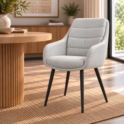 Side profile of Octavia light grey fabric dining chair showing curved armrest. |  dining chairs, dining chairs south africa