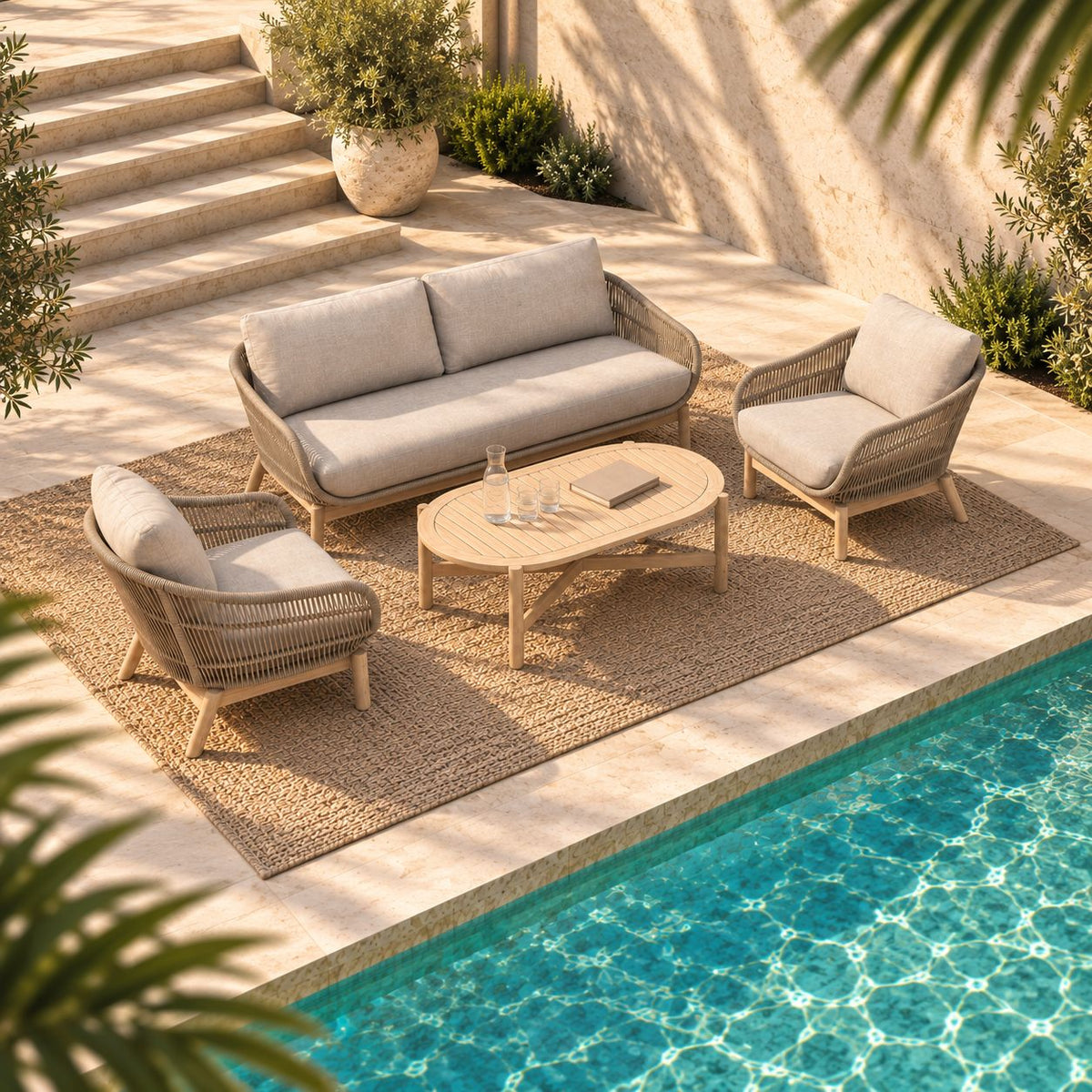 Leather Gallery Solis Outdoor White Washed Oak Frame in Dessert Taupe, featuring a beige wicker sofa, two matching armchairs, and a round woven coffee table beside a pool.