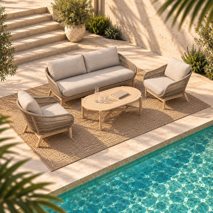 Leather Gallery Solis Outdoor White Washed Oak Frame in Dessert Taupe, featuring a beige wicker sofa, two matching armchairs, and a round woven coffee table beside a pool.