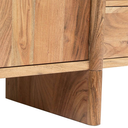 Macro shot of the sturdy plinth base and joinery of the expertly crafted Baltic acacia wood TV cabinet.