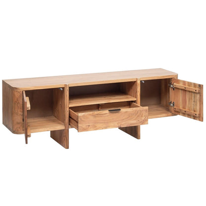 Light wood Baltic media console with open doors and a central drawer revealing storage compartments.