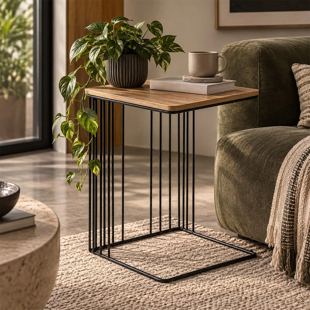 Gallery Everyday Camila Side Table in Natural, featuring a wooden top and black metal legs.
