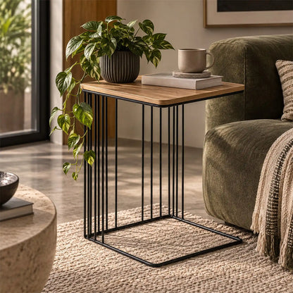 Gallery Everyday Camila Side Table in Natural, featuring a wooden top and black metal legs.
