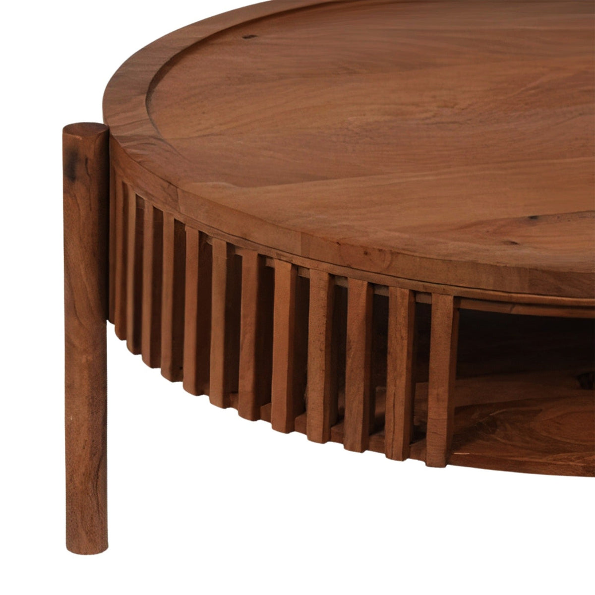 Detailed view of the natural wood grain and slatted base of the Cassis round coffee table, highlighting the craftsmanship and material.