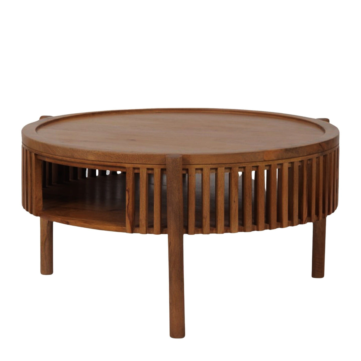Full view of a round Cassis coffee table with a slatted frame and open shelf, a top choice for those searching for a coffee table for their lounge.