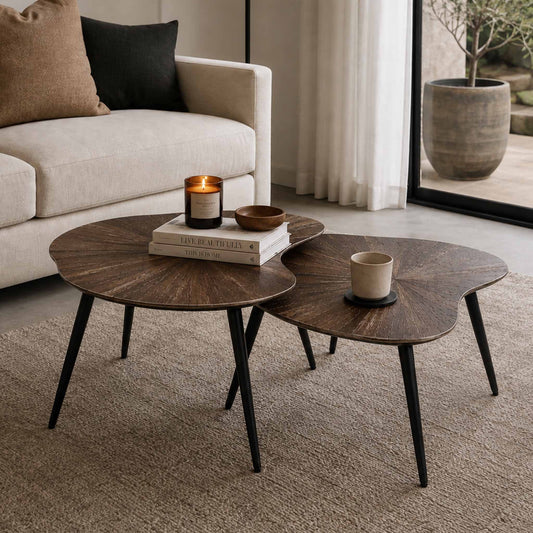 Gallery Everyday Eden Nesting Coffee Tables Set of 2, featuring organic-shaped wooden tops and black metal legs in a modern living room.