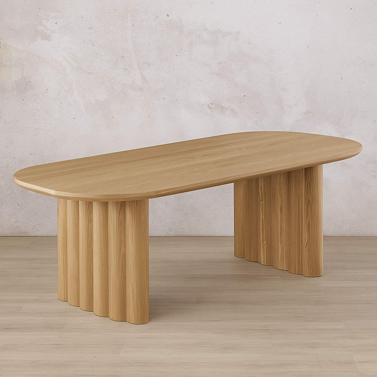 Gallery Everyday Gaia Dining Table in Natural, 2m 6 Seater, featuring a wooden top with distinctive cylindrical pedestal legs.