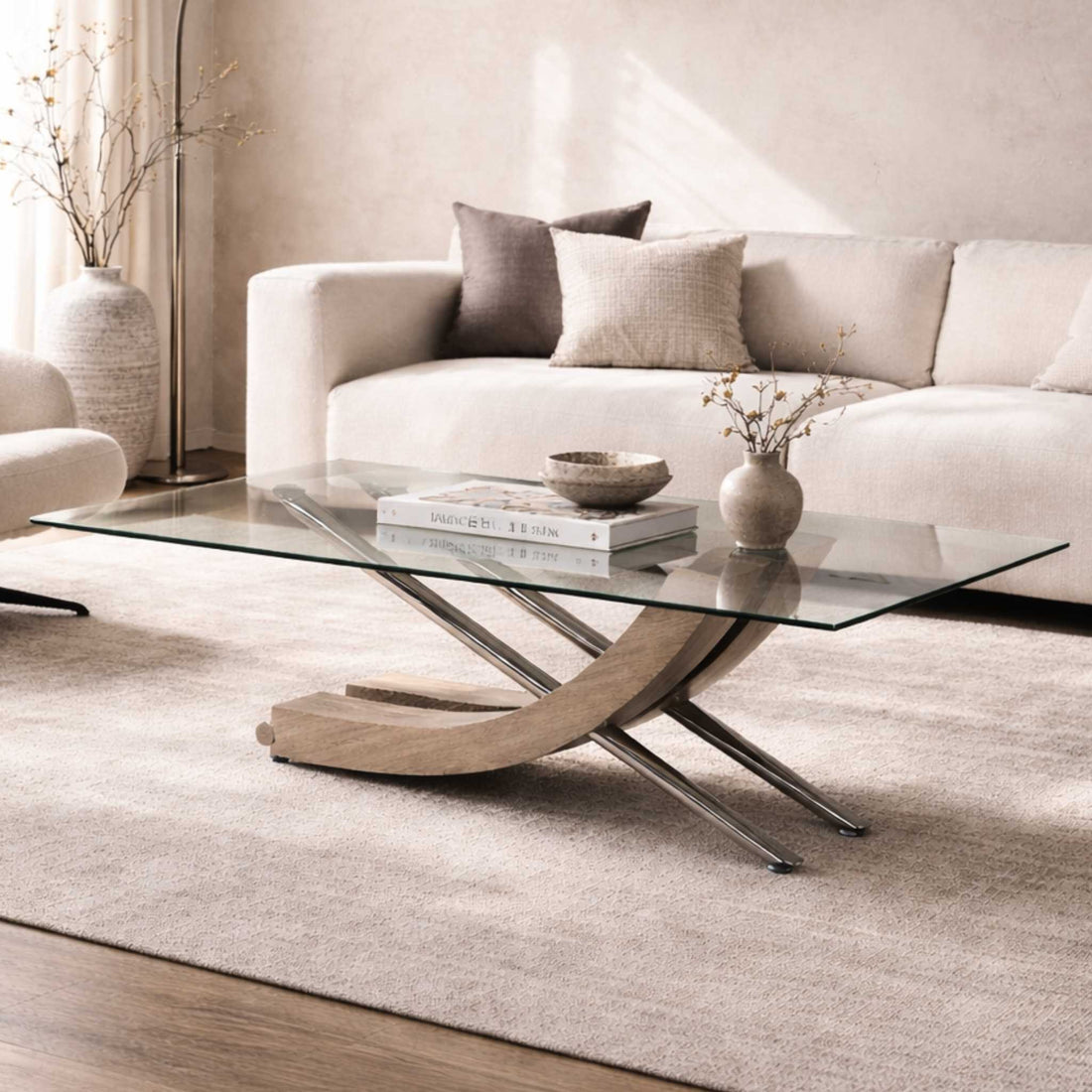 Bright, light-filled living room with the Tropez glass coffee table