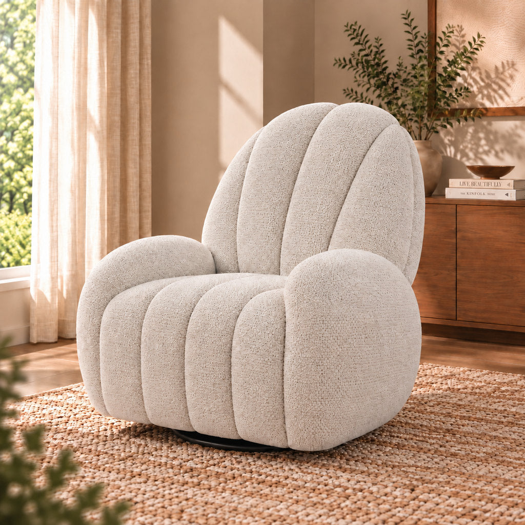 Gallery Everyday Delilah Fabric Recliner Chair in Cashmere, featuring textured bouclé upholstery and a rounded lounge design in a warm modern interior.