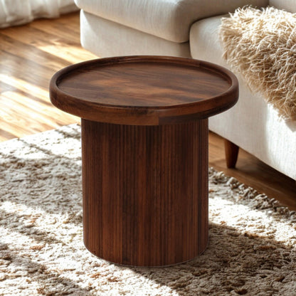 Gallery Everyday Malmo Side Table, featuring a round wooden top and fluted cylindrical base in a warm natural finish.