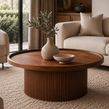 Gallery Everyday Malmo Wood Coffee Table, featuring a round wooden top and fluted pedestal base in a warm modern living room.
