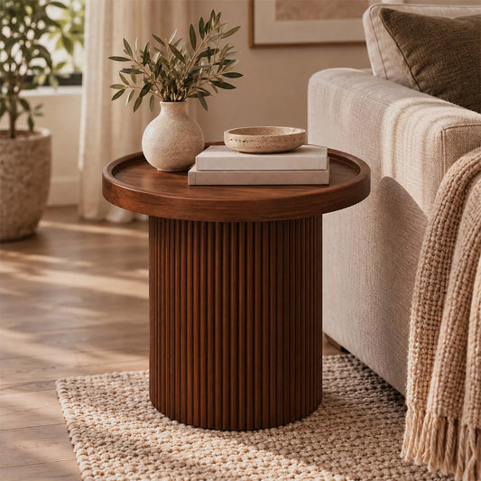 Gallery Everyday Malmo Side Table, featuring a round wooden top and fluted cylindrical base in a warm natural finish.