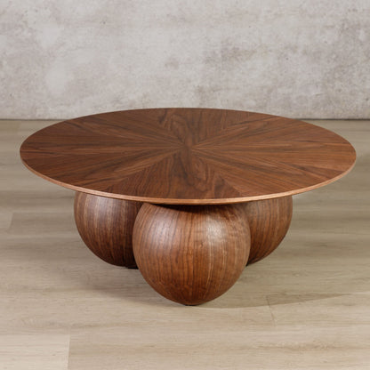 High angle view of the Matilda Coffee Table in brown, showing the intricate patterned table top. | coffee table, wood coffee table, modern coffee table 