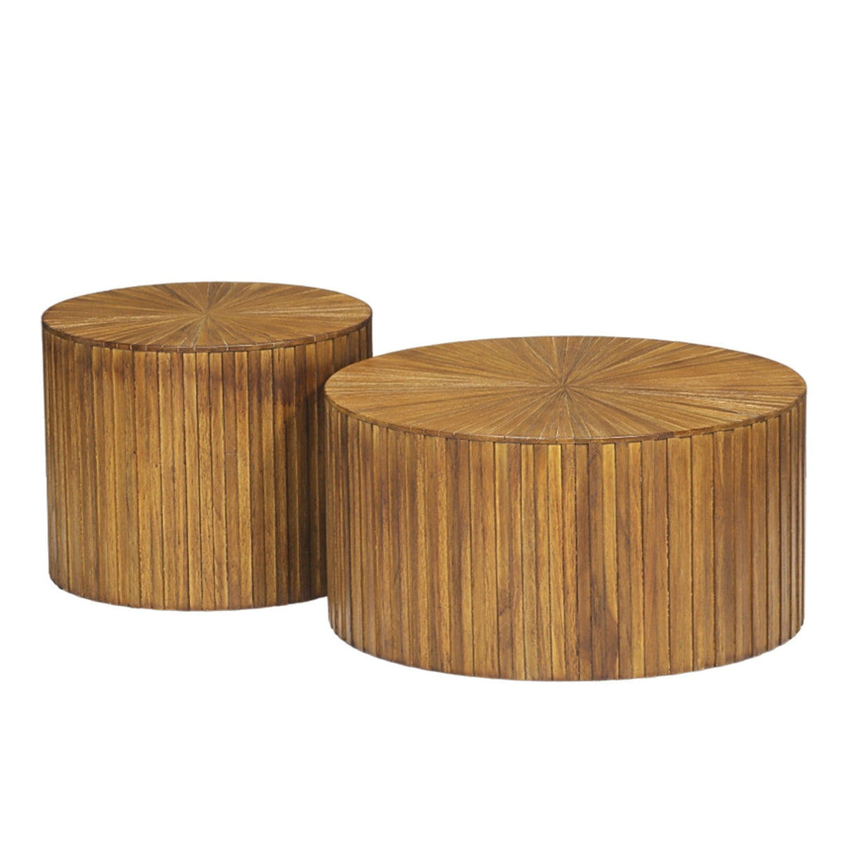 Set of two round nesting coffee tables with a sunburst wood grain top and vertical fluted tambour sides.