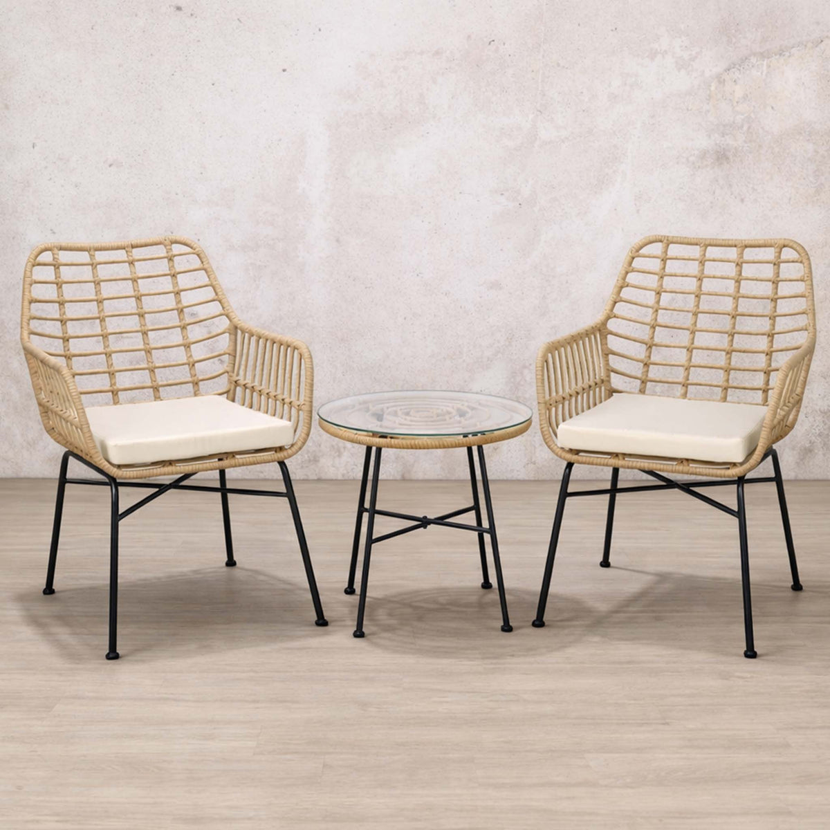 Gallery Everyday Sedona Patio Chairs and Table Set of 3, featuring two cushioned wicker chairs and a matching glass-top table.
