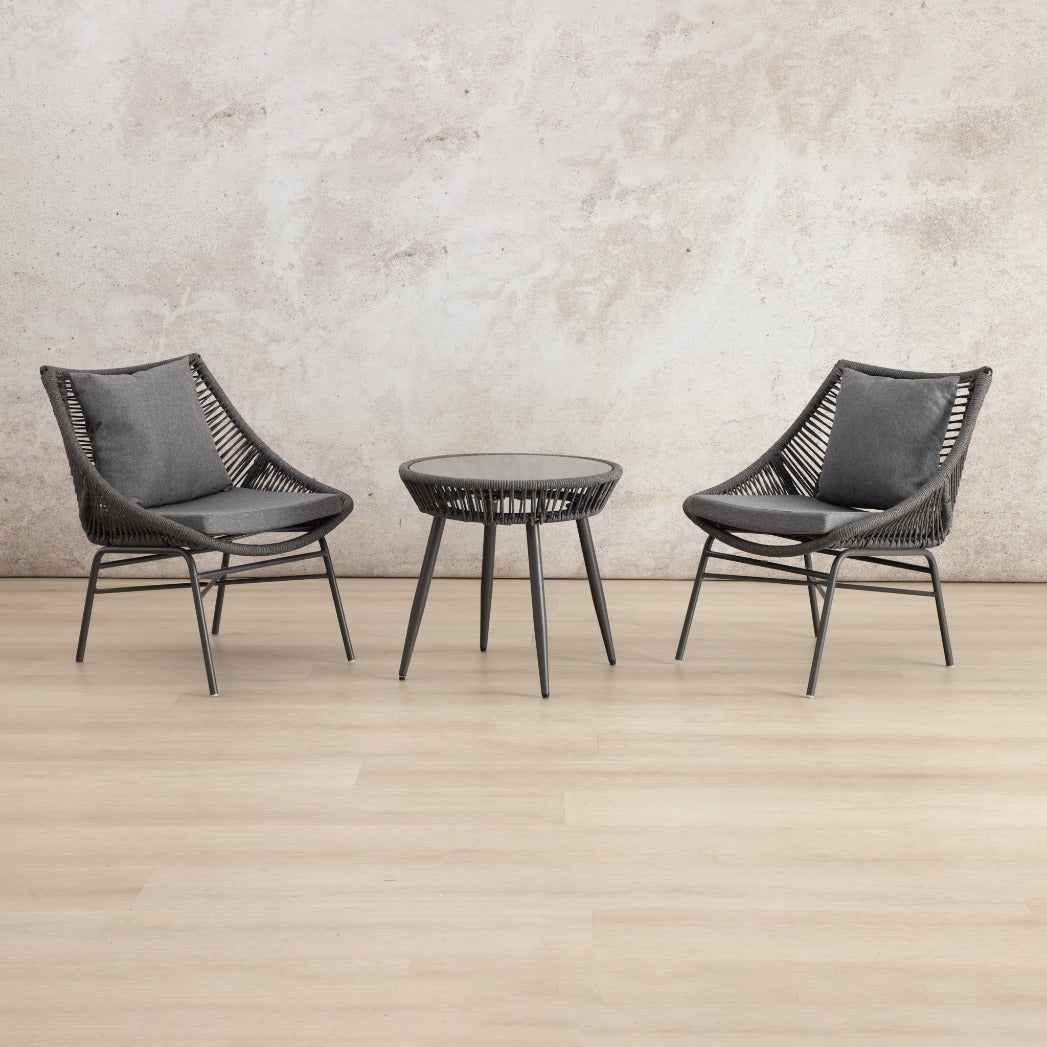 Solara Patio Chairs and Table, Set of 3 – Black, shown in a modern, minimalist patio space. | Patio chairs and table, patio lounge set, patio furniture, patio chairs, outdoor chairs