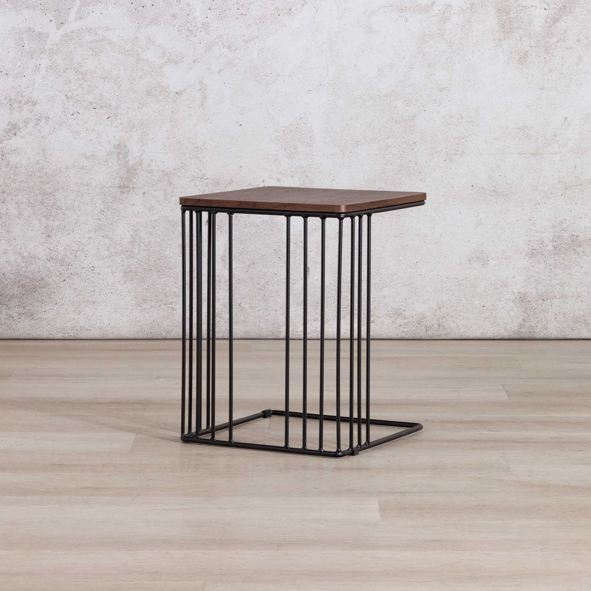 Gallery Everyday Camila Side Table in Walnut, featuring a dark wood square top and black metal wire-frame base.