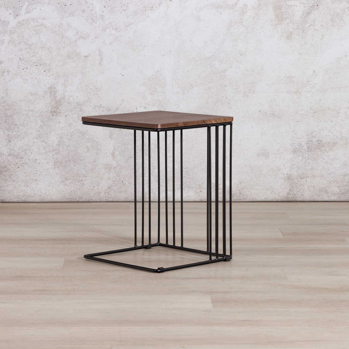 Gallery Everyday Camila Side Table in Walnut, featuring a dark wood square top and black metal wire-frame base.