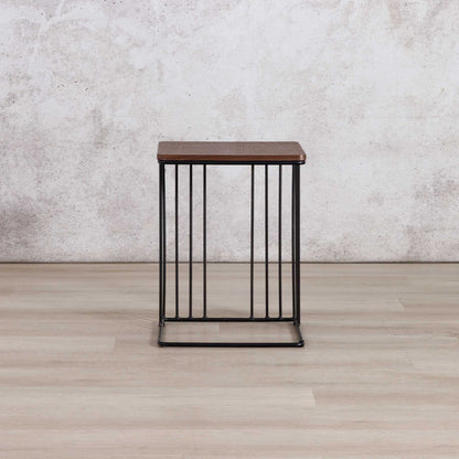 Gallery Everyday Camila Side Table in Walnut, featuring a dark wood square top and black metal wire-frame base.